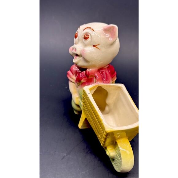 Vintage 1950s Shawnee Pottery Pig Planter, "Smiley Porky Pig" w/Wheelbarrow - Picture 5 of 15